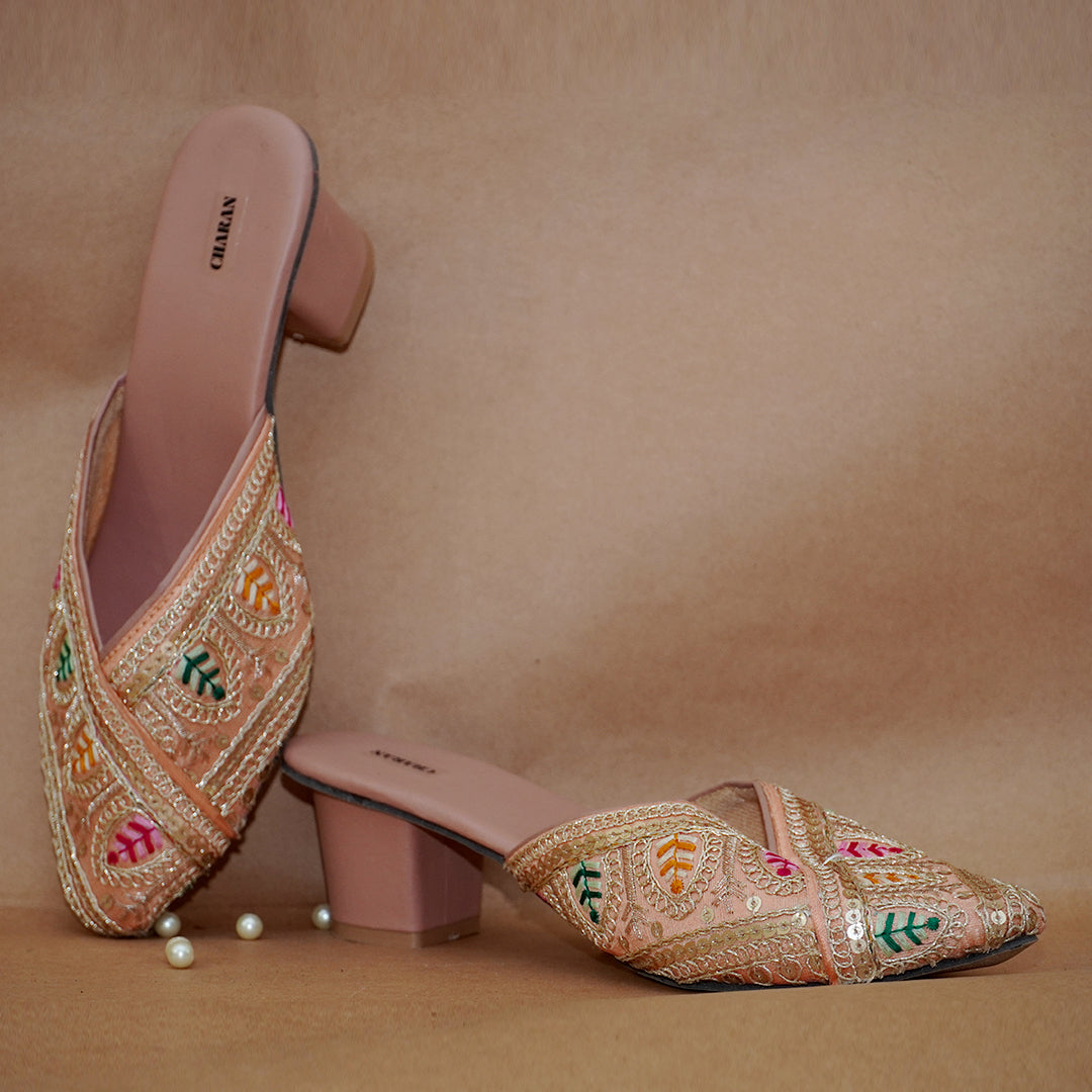 Charan's most Aesthetic Blush Pink Festive Heels with Multicolor Embroidery for Women