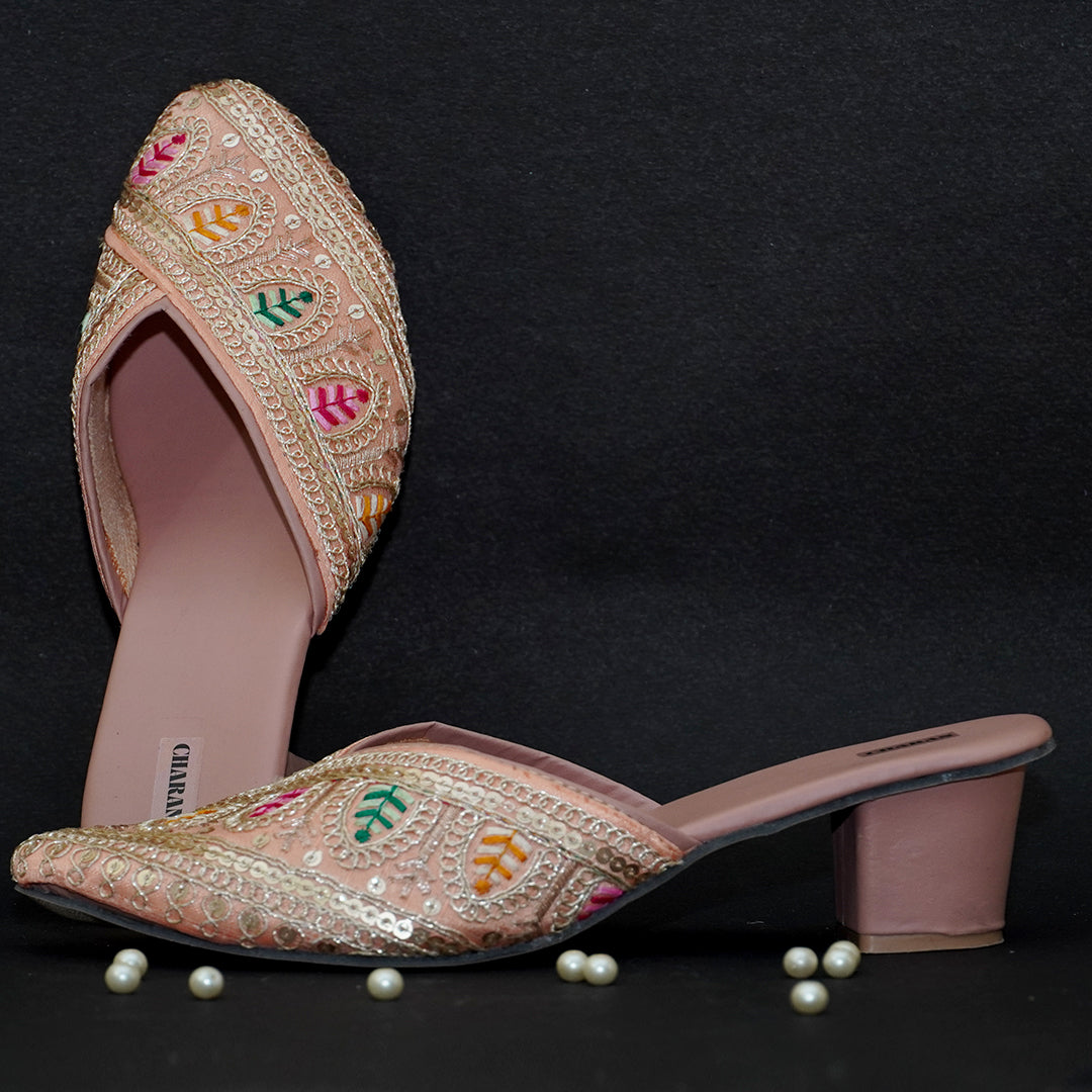 Charan's most Aesthetic Blush Pink Festive Heels with Multicolor Embroidery for Women